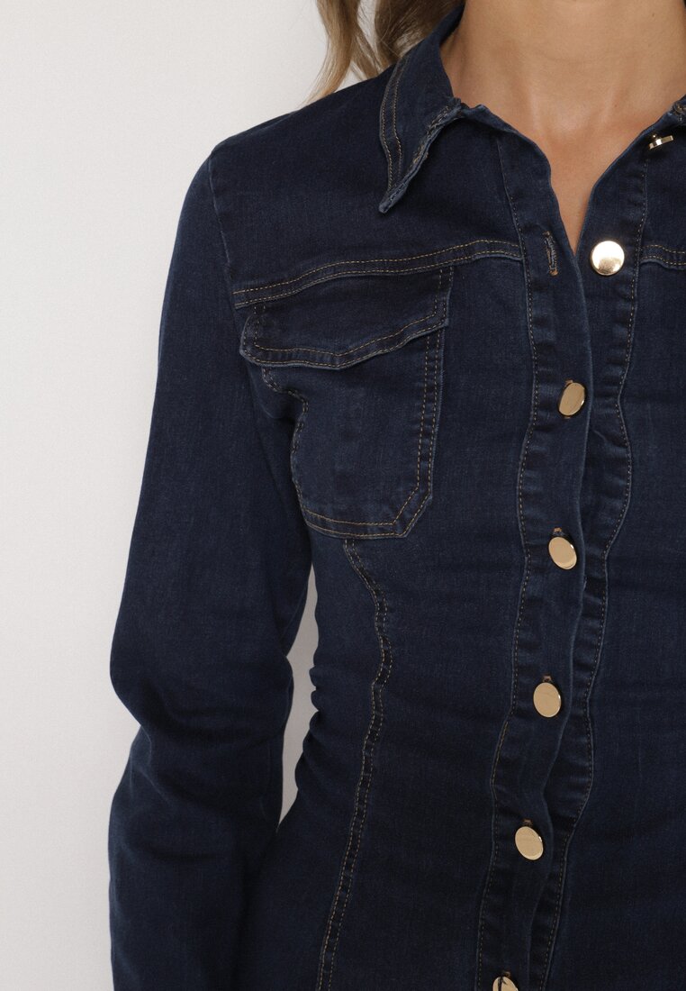 Granatowa Jeansowa Sukienka Koszulowa o Taliowanym Kroju Neveala