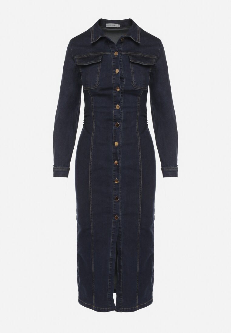 Granatowa Jeansowa Sukienka Koszulowa o Taliowanym Kroju Neveala