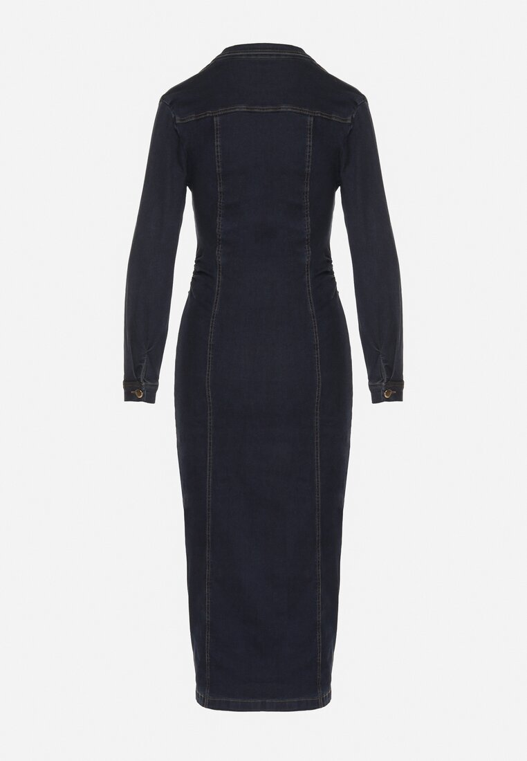 Granatowa Jeansowa Sukienka Koszulowa o Taliowanym Kroju Neveala