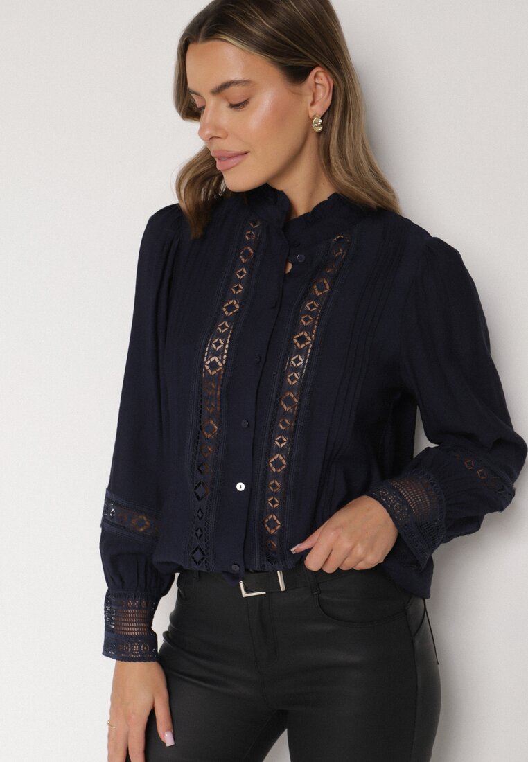 Granatowa Koszula ze Stójką i Koronką Argochis