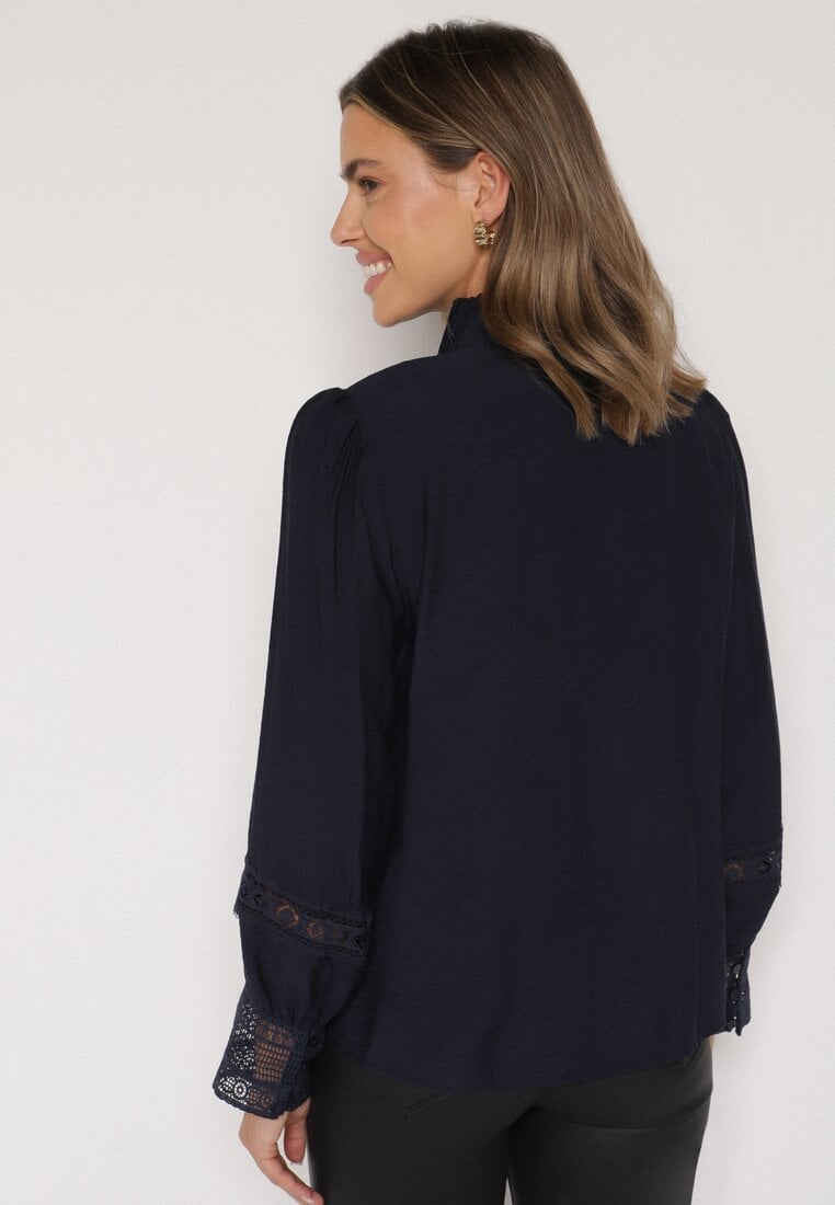 Granatowa Koszula ze Stójką i Koronką Argochis