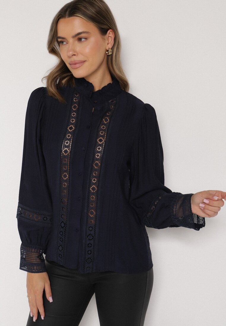 Granatowa Koszula ze Stójką i Koronką Argochis