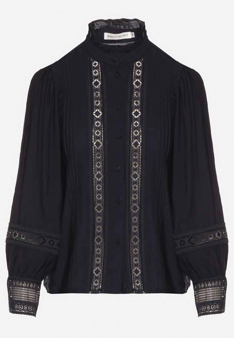 Granatowa Koszula ze Stójką i Koronką Argochis