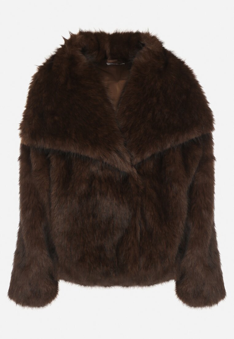 Brązowa Oversizowa Kurtka Futerko z Szerokim Kołnierzem Reilia