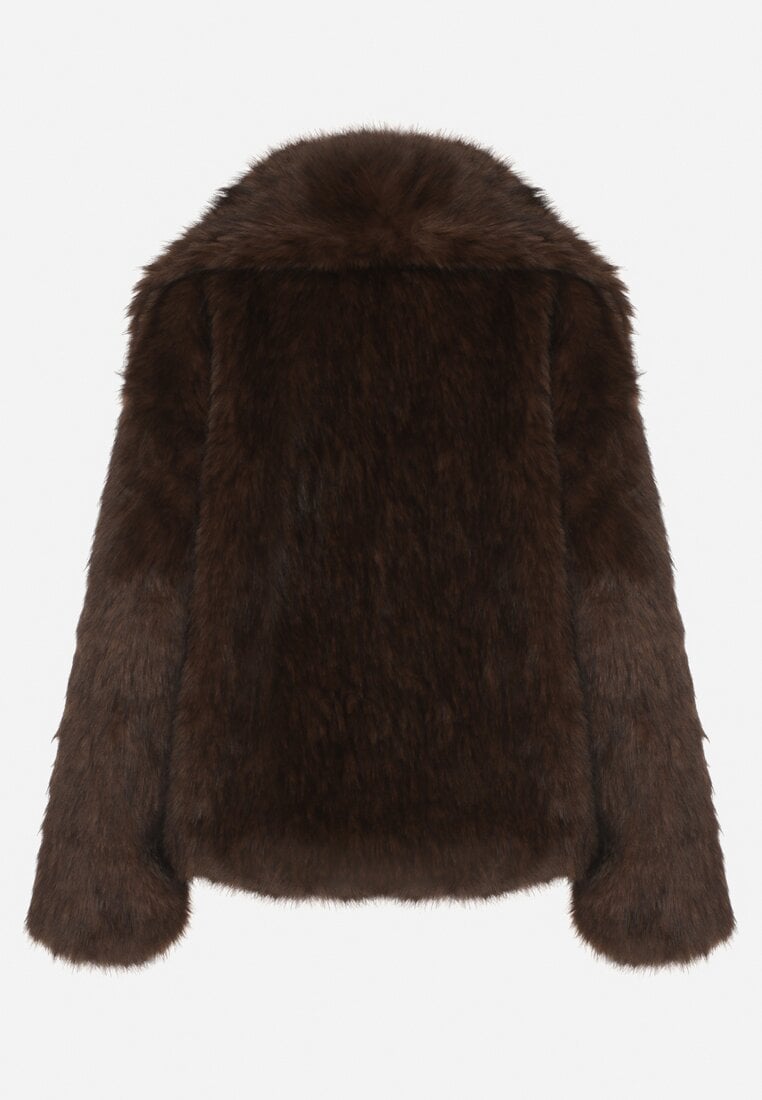 Brązowa Oversizowa Kurtka Futerko z Szerokim Kołnierzem Reilia
