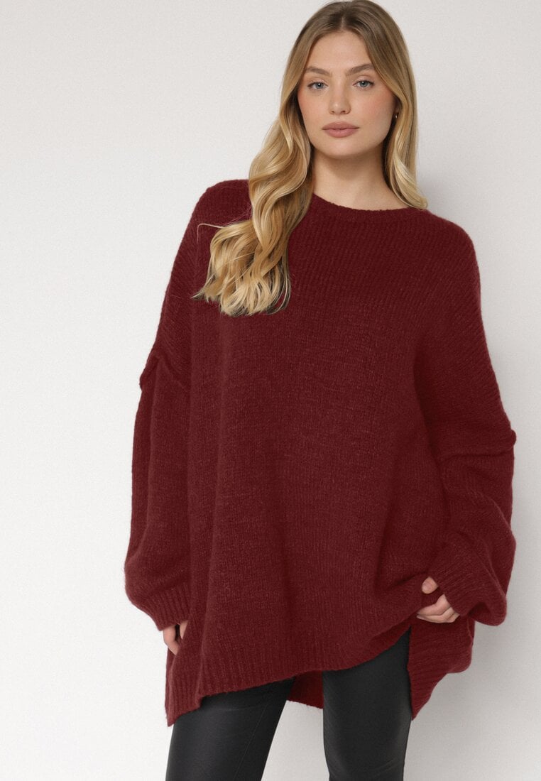 Bordowy Sweter z Wiskozą i Wełną o Kroju Nietoperza Fedella