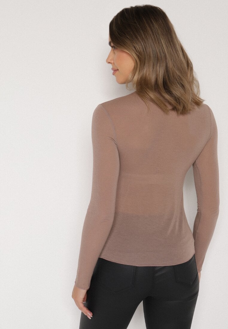 Brązowa Bluzka z Golfem Typu Longsleeve z Wiskozy z Kaszmirem Fedine