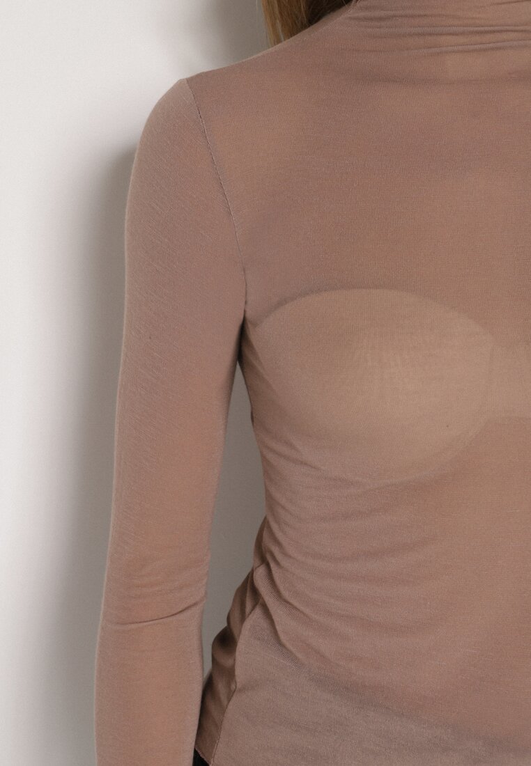 Brązowa Bluzka z Golfem Typu Longsleeve z Wiskozy z Kaszmirem Fedine