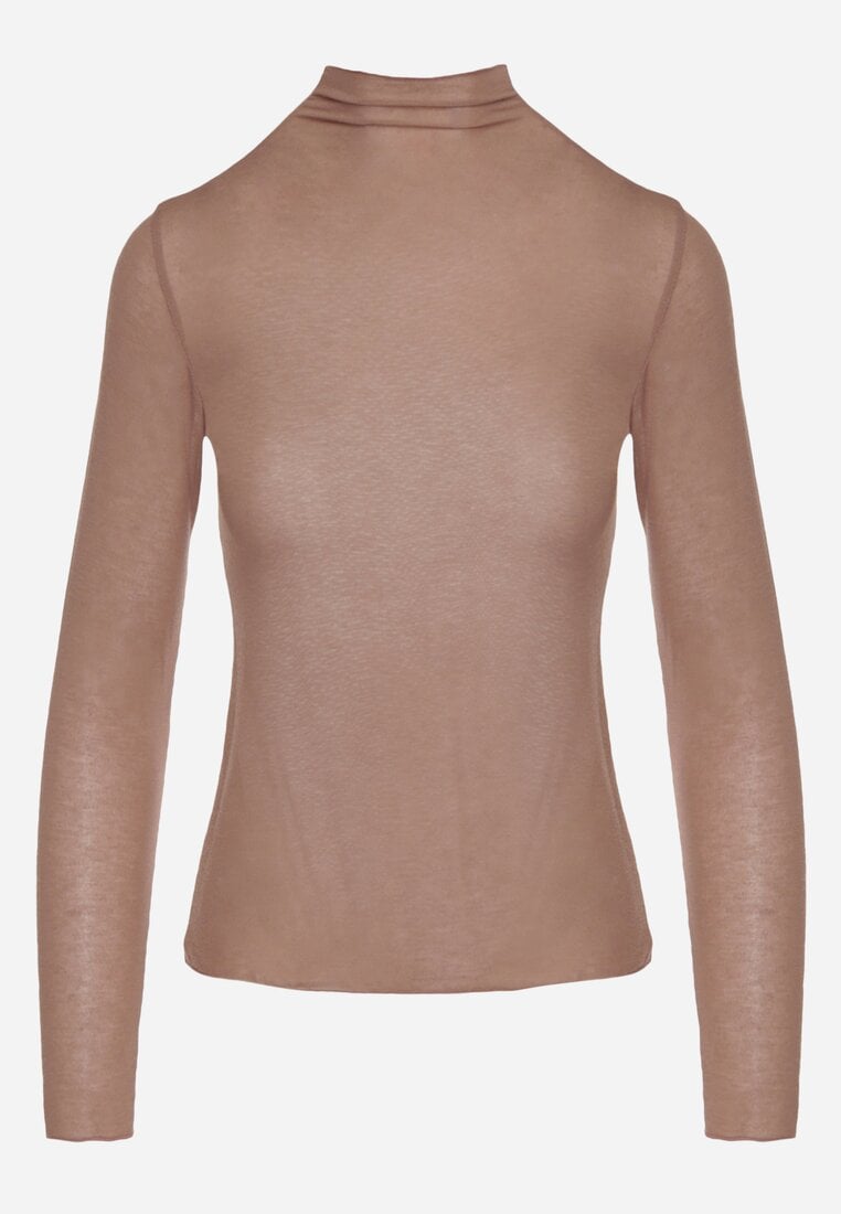 Brązowa Bluzka z Golfem Typu Longsleeve z Wiskozy z Kaszmirem Fedine