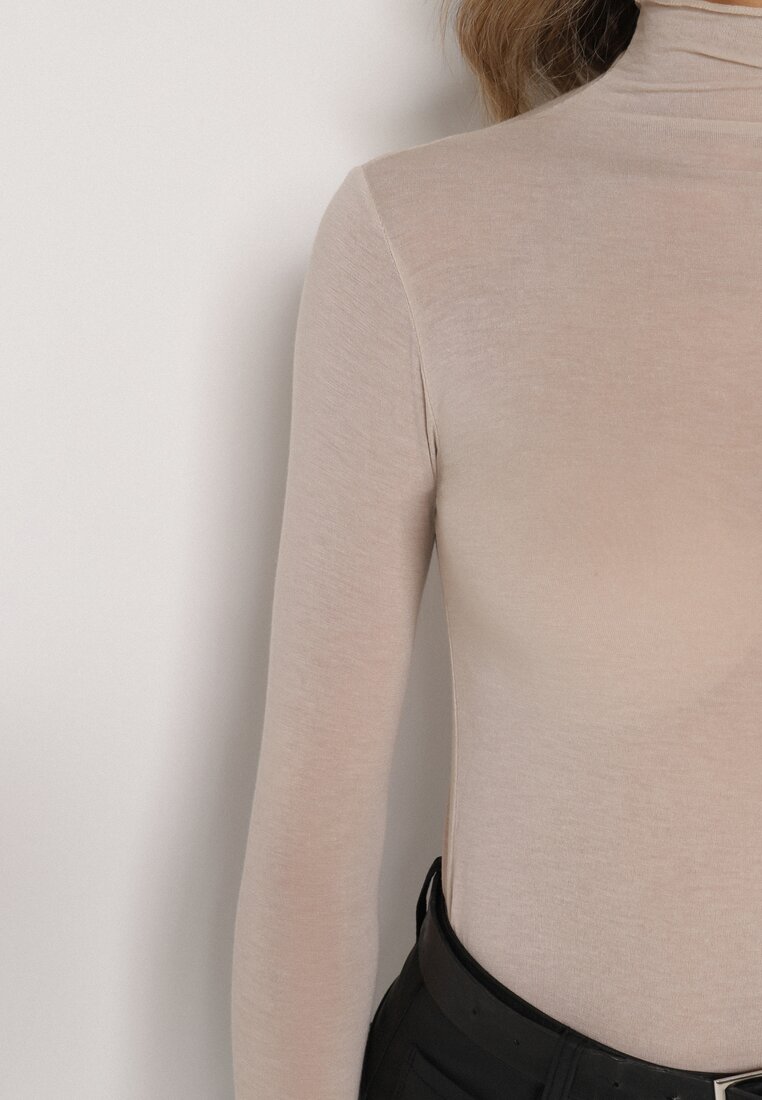 Beżowa Bluzka z Golfem Typu Longsleeve z Wiskozy z Kaszmirem Fedine