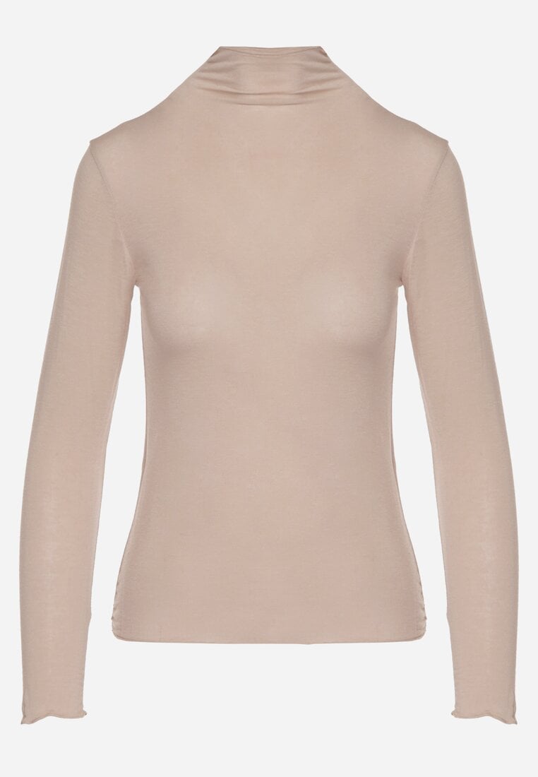 Beżowa Bluzka z Golfem Typu Longsleeve z Wiskozy z Kaszmirem Fedine