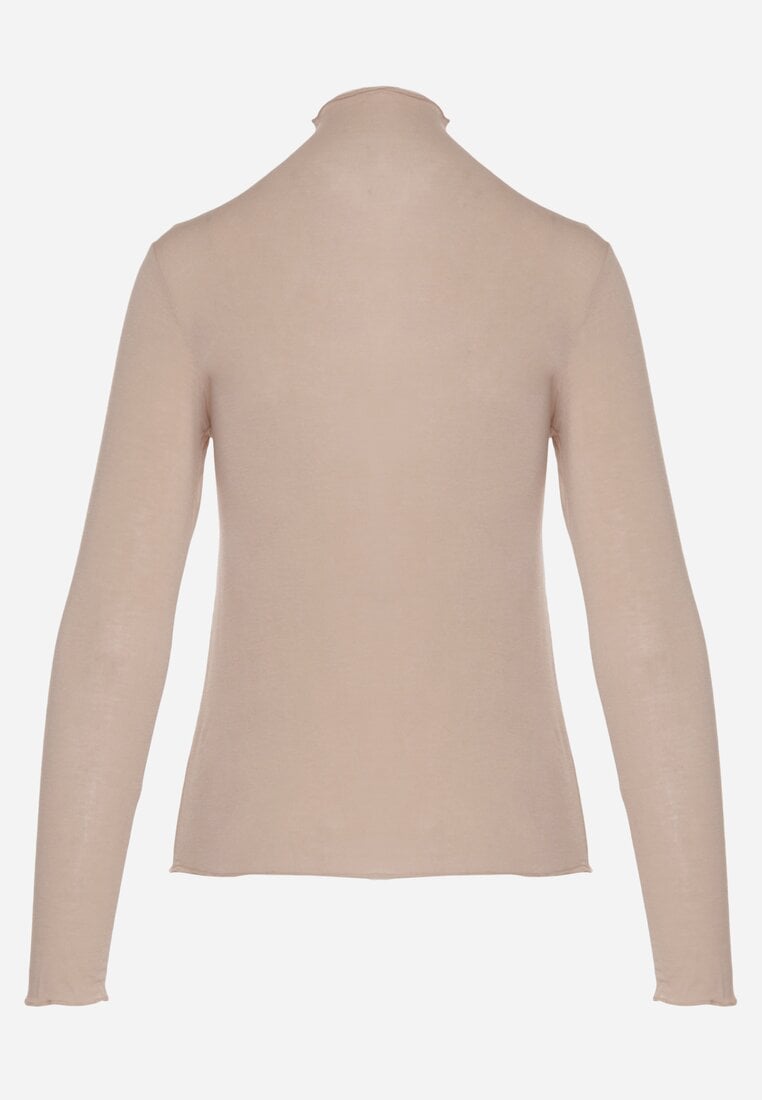 Beżowa Bluzka z Golfem Typu Longsleeve z Wiskozy z Kaszmirem Fedine