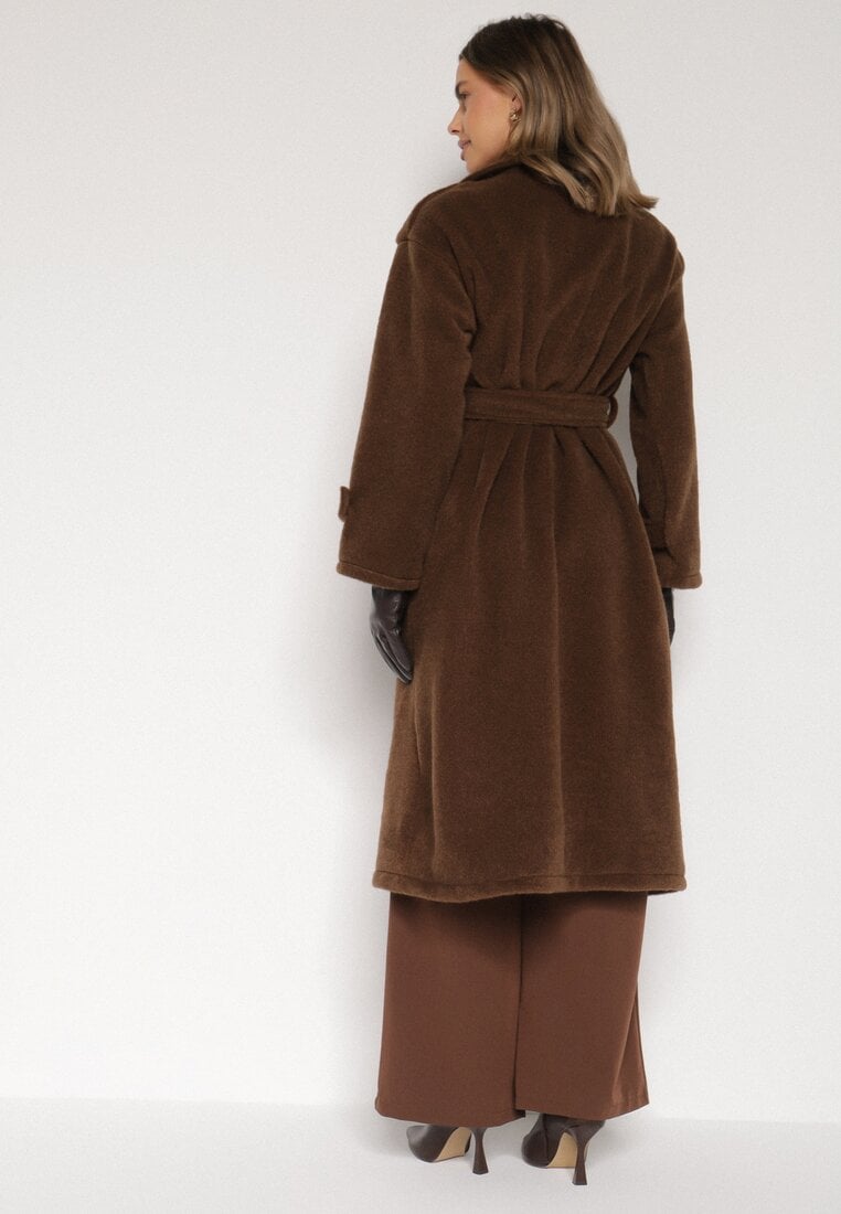 Brązowy Elegancki Płaszcz z Wiązanym Paskiem i Kieszeniami Nyredi