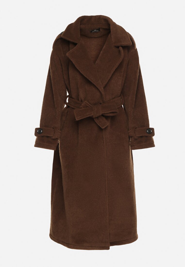 Brązowy Elegancki Płaszcz z Wiązanym Paskiem i Kieszeniami Nyredi