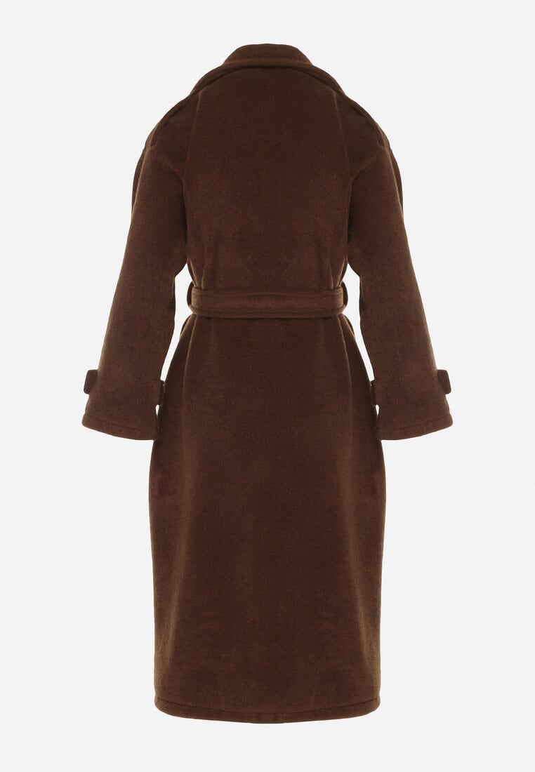 Brązowy Elegancki Płaszcz z Wiązanym Paskiem i Kieszeniami Nyredi