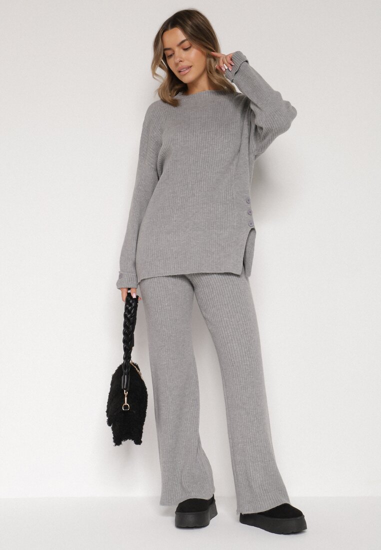 Ciemnoszary Komplet z Bawełną i Wełną Sweter z Guzikami i Proste Spodnie Reisadia