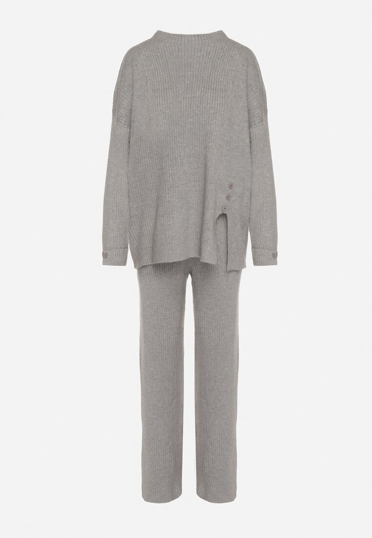 Ciemnoszary Komplet z Bawełną i Wełną Sweter z Guzikami i Proste Spodnie Reisadia