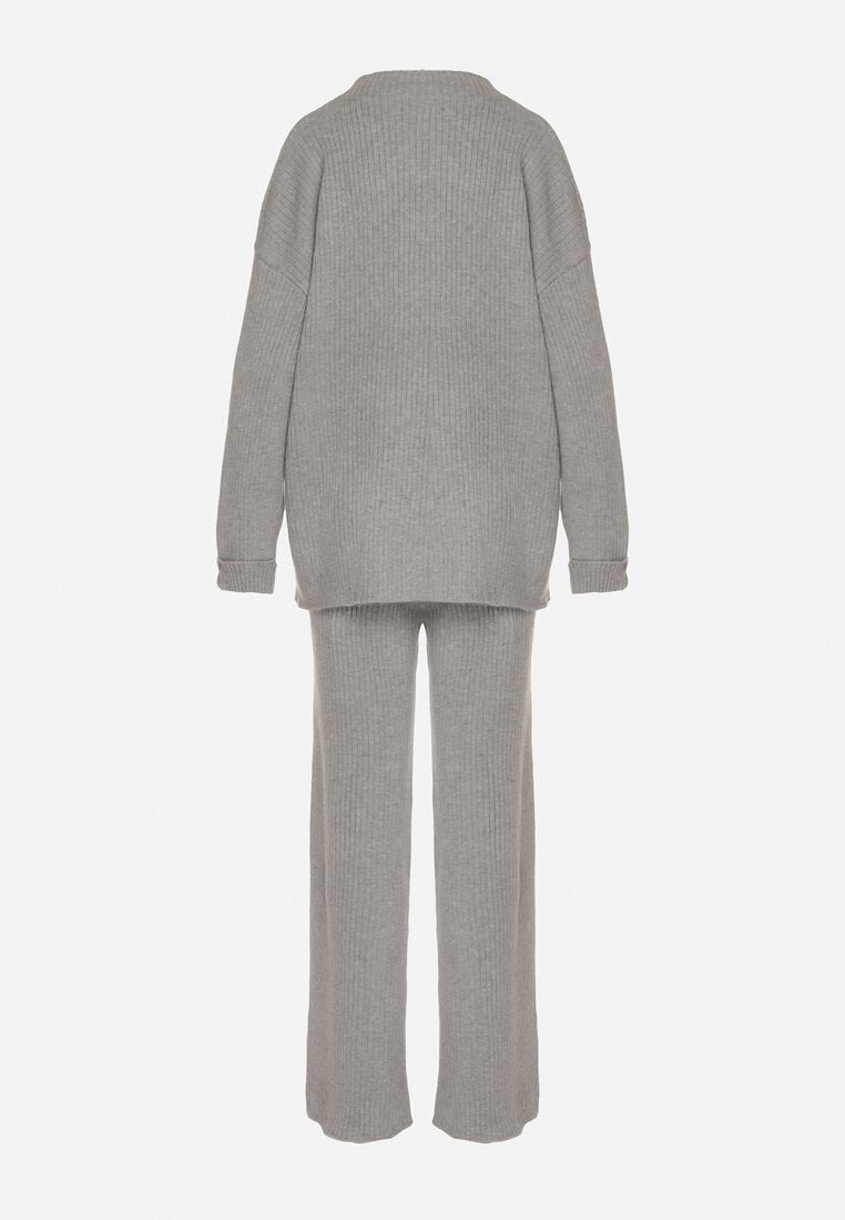 Ciemnoszary Komplet z Bawełną i Wełną Sweter z Guzikami i Proste Spodnie Reisadia