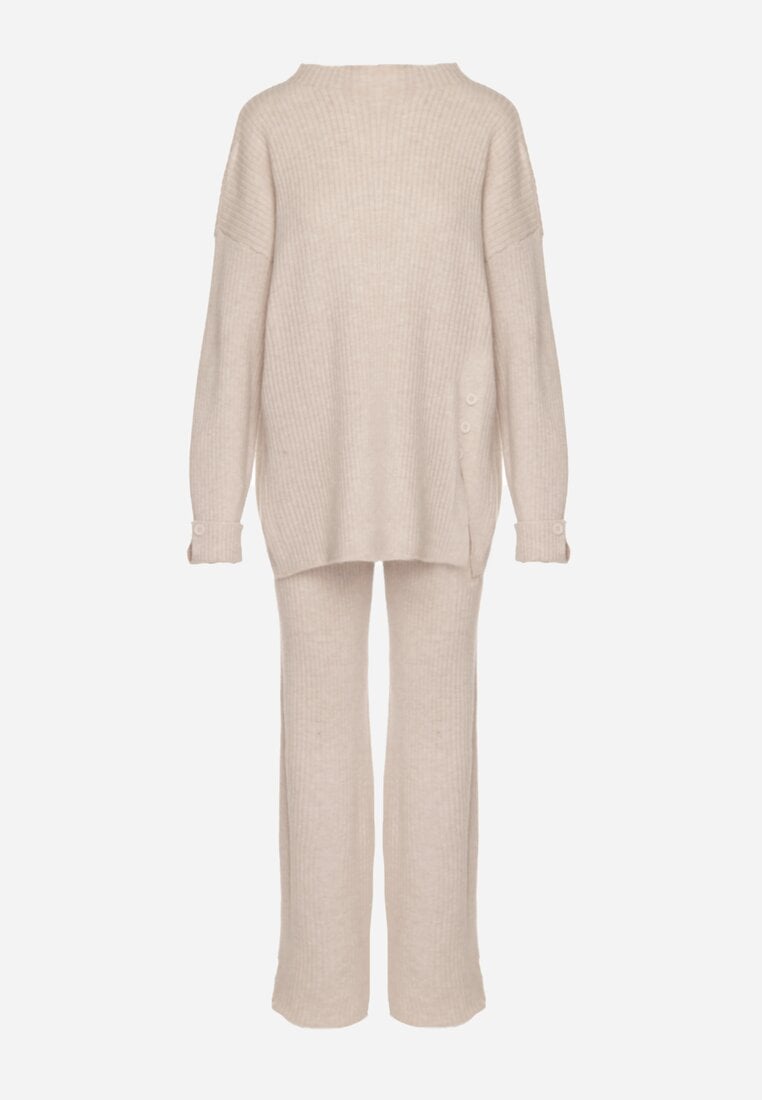 Jasnobeżowy Komplet z Bawełną i Wełną Sweter z Guzikami i Proste Spodnie Reisadia