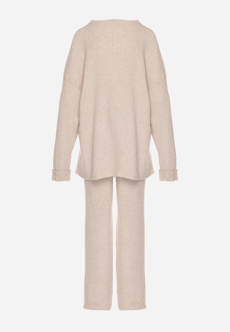 Jasnobeżowy Komplet z Bawełną i Wełną Sweter z Guzikami i Proste Spodnie Reisadia