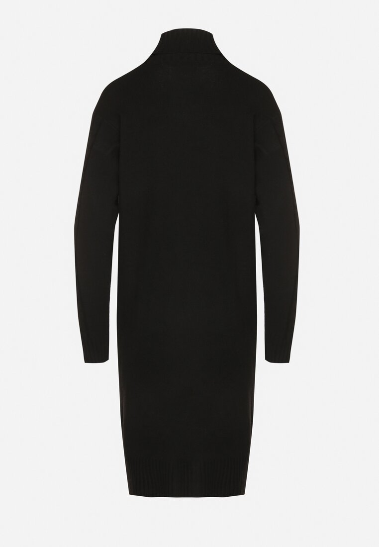 Czarna Sweterkowa Sukienka z Golfem Wełną i Bawełną Ozdobiona Splotem Reiania