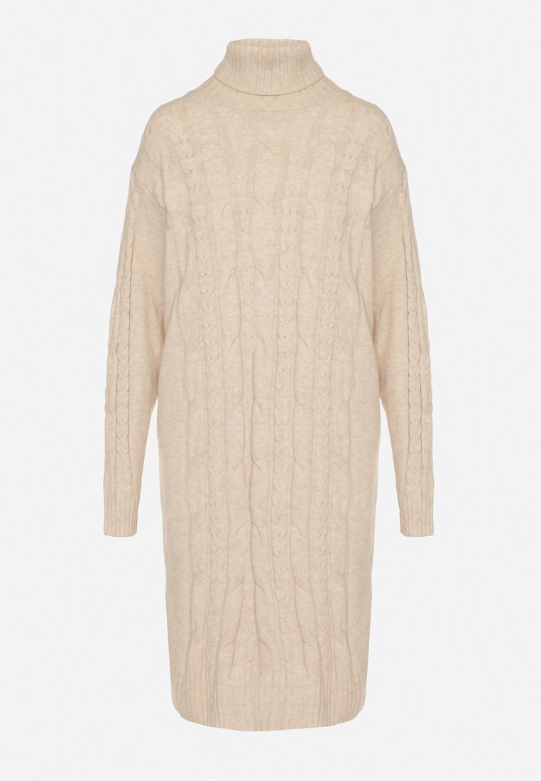 Jasnobeżowa Sweterkowa Sukienka z Golfem Wełną i Bawełną Ozdobiona Splotem Reiania
