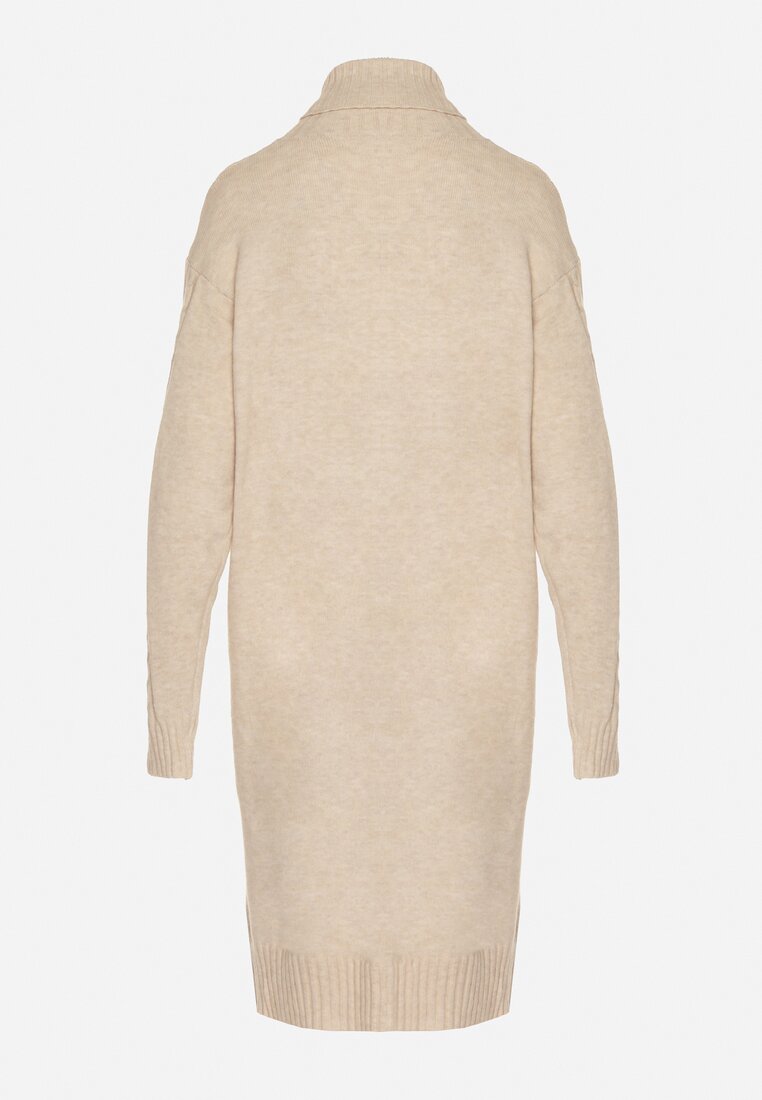 Jasnobeżowa Sweterkowa Sukienka z Golfem Wełną i Bawełną Ozdobiona Splotem Reiania