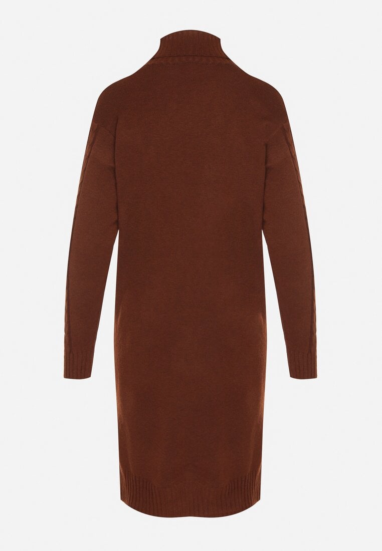 Brązowa Sweterkowa Sukienka z Golfem Wełną i Bawełną Ozdobiona Splotem Reiania