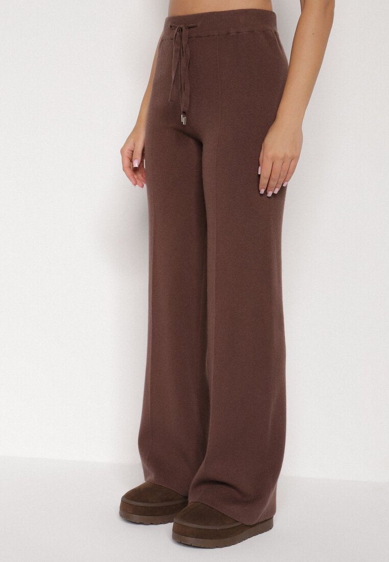 Brązowe Spodnie Szerokie Spodnie z Wysokim Stanem z Domieszką Kaszmiru Nefrina