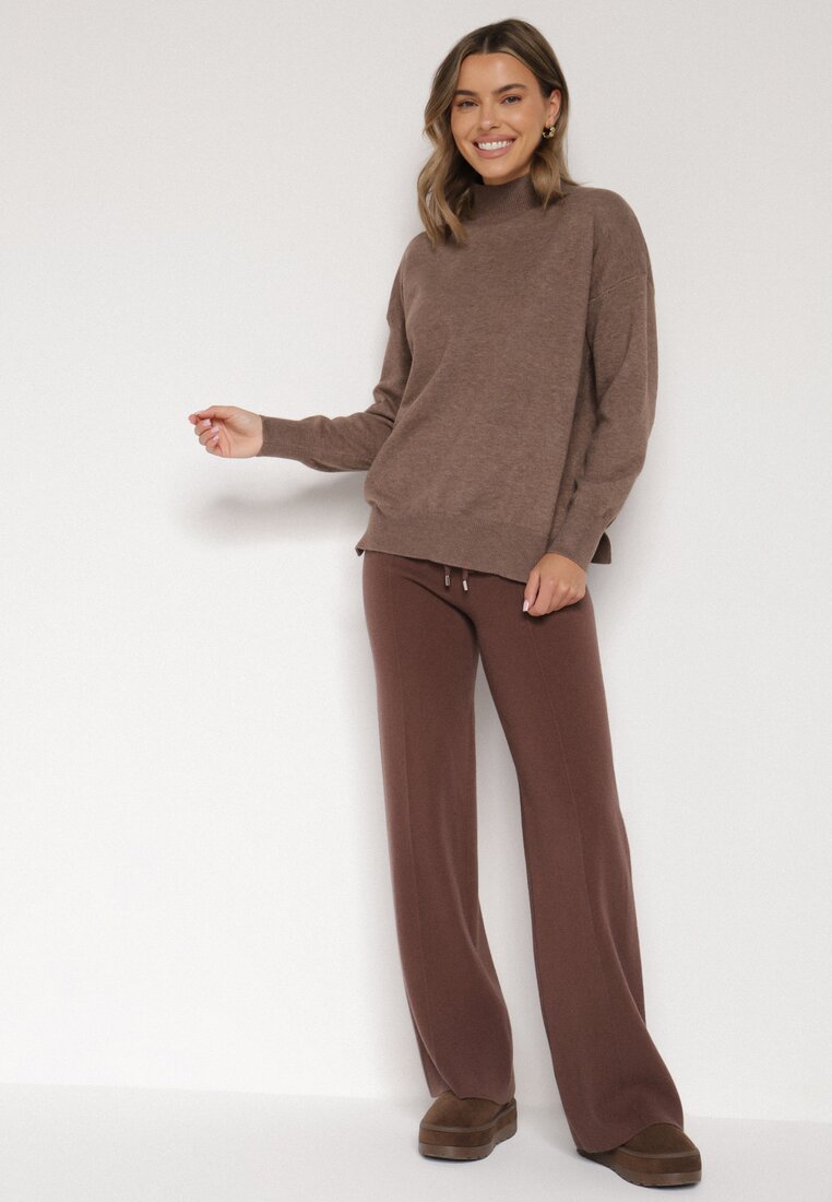 Brązowe Spodnie Szerokie Spodnie z Wysokim Stanem z Domieszką Kaszmiru Nefrina
