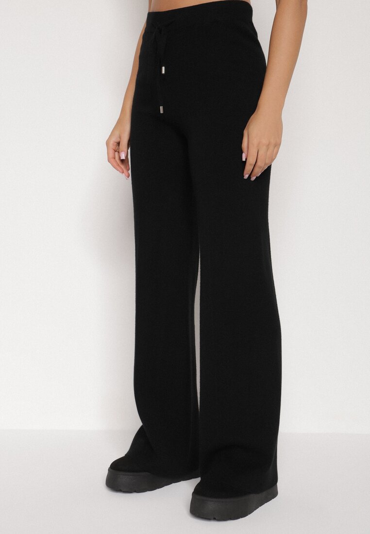 Czarne Spodnie Szerokie Spodnie z Wysokim Stanem z Domieszką Kaszmiru Nefrina