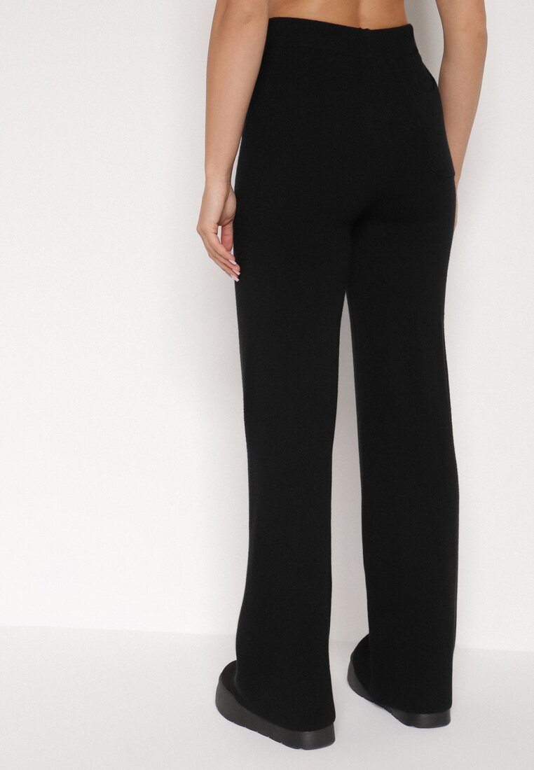 Czarne Spodnie Szerokie Spodnie z Wysokim Stanem z Domieszką Kaszmiru Nefrina