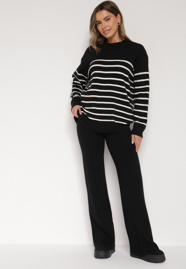 Czarne Spodnie Szerokie Spodnie z Wysokim Stanem z Domieszką Kaszmiru Nefrina