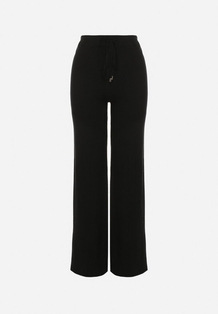 Czarne Spodnie Szerokie Spodnie z Wysokim Stanem z Domieszką Kaszmiru Nefrina