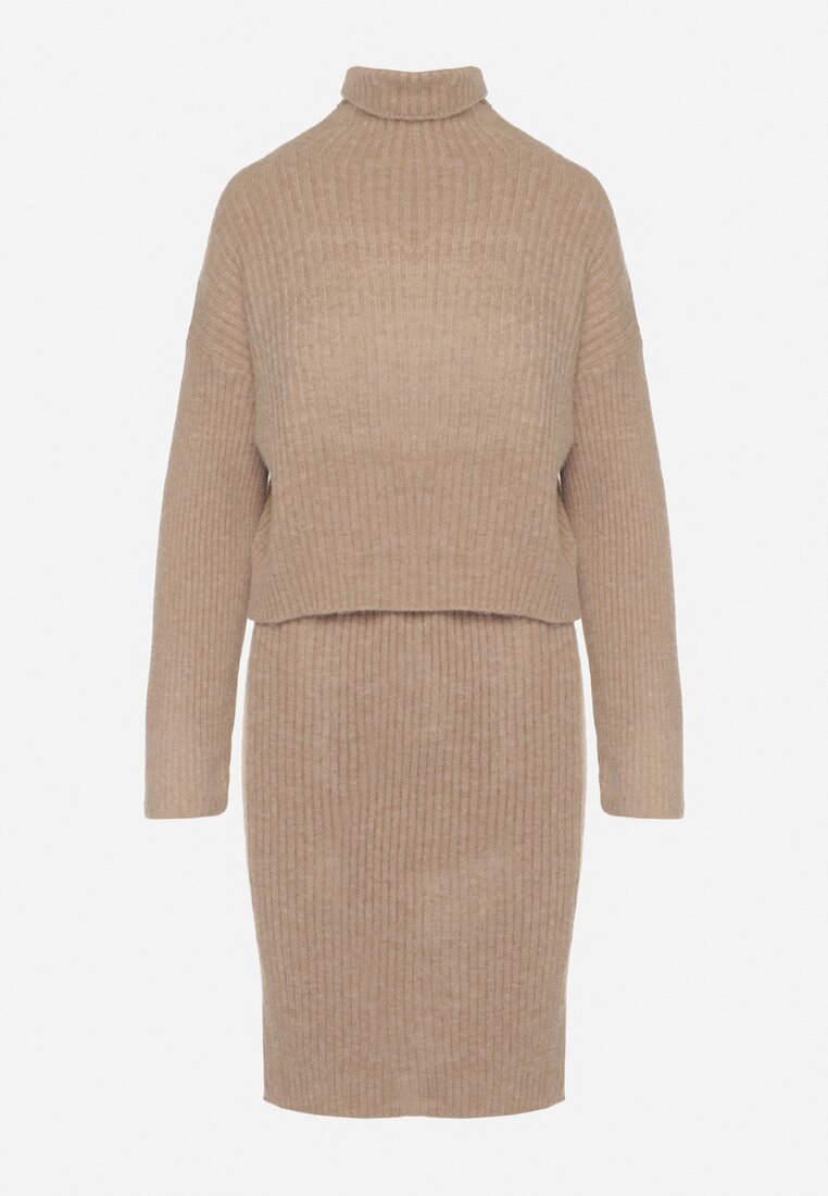 Ciemnobeżowy Komplet Dzianinowy z Wełną i Bawełną Golf i Dopasowana Sukienka Reilaia