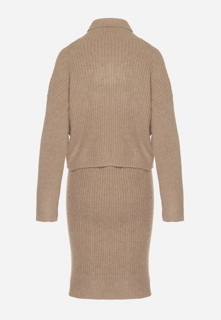 Ciemnobeżowy Komplet Dzianinowy z Wełną i Bawełną Golf i Dopasowana Sukienka Reilaia