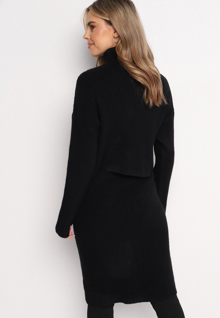 Czarny Komplet Dzianinowy z Wełną i Bawełną Golf i Dopasowana Sukienka Reilaia