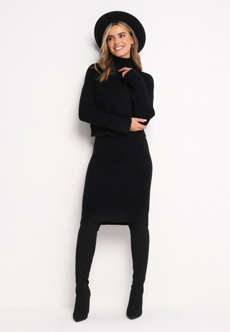Czarny Komplet Dzianinowy z Wełną i Bawełną Golf i Dopasowana Sukienka Reilaia