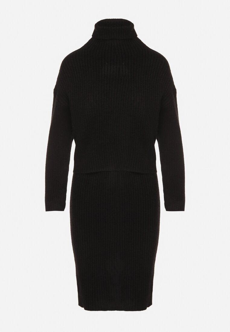 Czarny Komplet Dzianinowy z Wełną i Bawełną Golf i Dopasowana Sukienka Reilaia