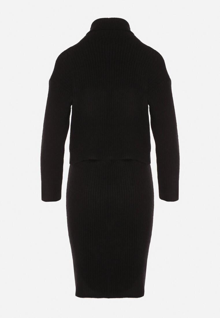 Czarny Komplet Dzianinowy z Wełną i Bawełną Golf i Dopasowana Sukienka Reilaia