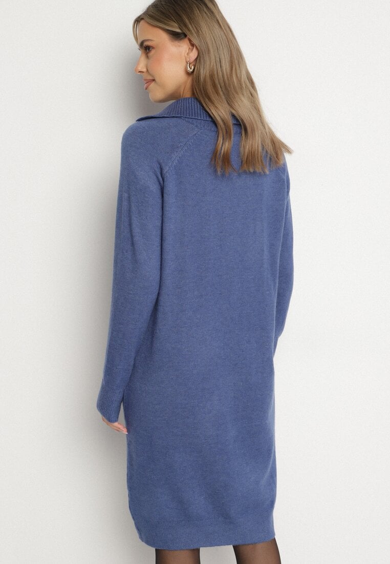 Granatowa Sweterkowa Sukienka Pudełkowa z Bawełną i Wełną Ozdobiona Suwakiem Reimia