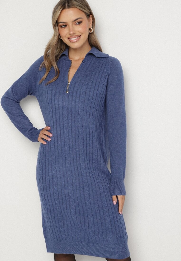 Granatowa Sweterkowa Sukienka Pudełkowa z Bawełną i Wełną Ozdobiona Suwakiem Reimia