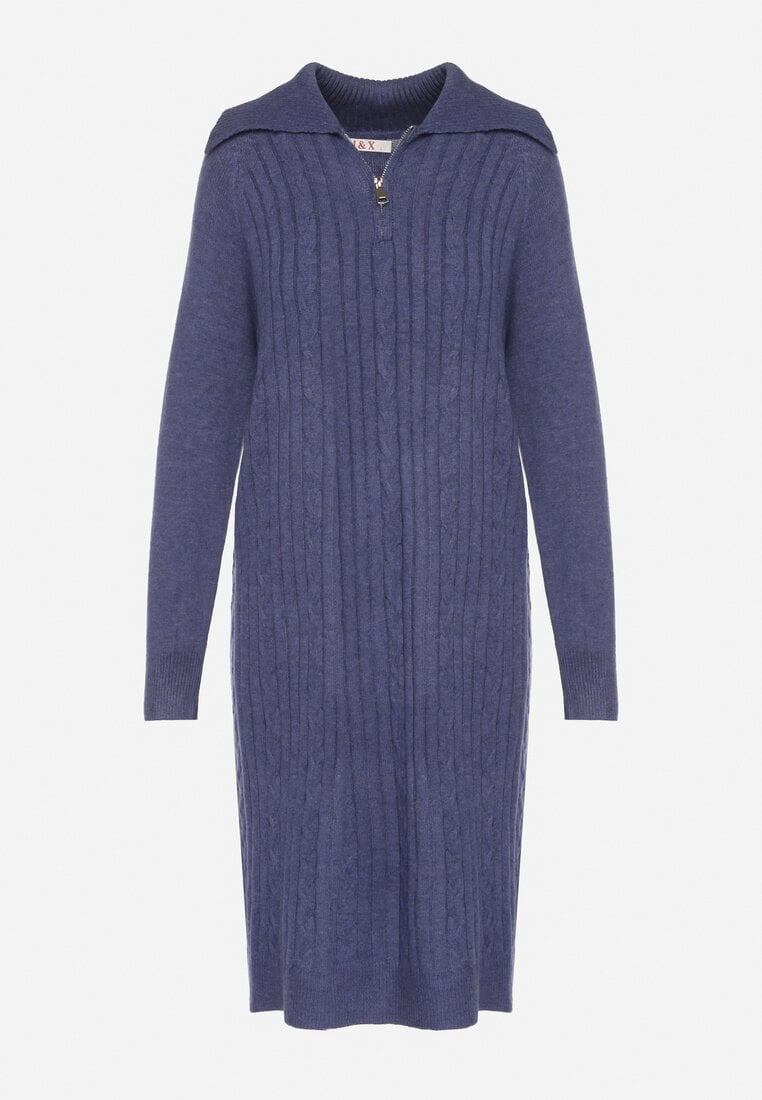 Granatowa Sweterkowa Sukienka Pudełkowa z Bawełną i Wełną Ozdobiona Suwakiem Reimia