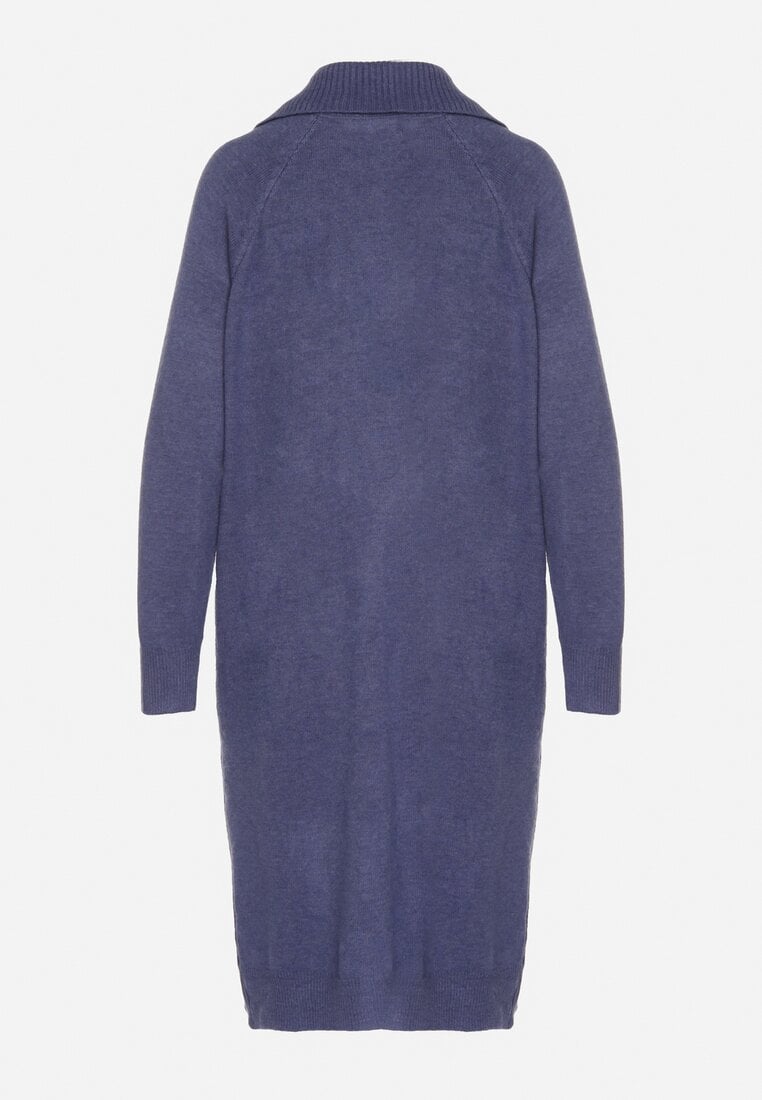 Granatowa Sweterkowa Sukienka Pudełkowa z Bawełną i Wełną Ozdobiona Suwakiem Reimia