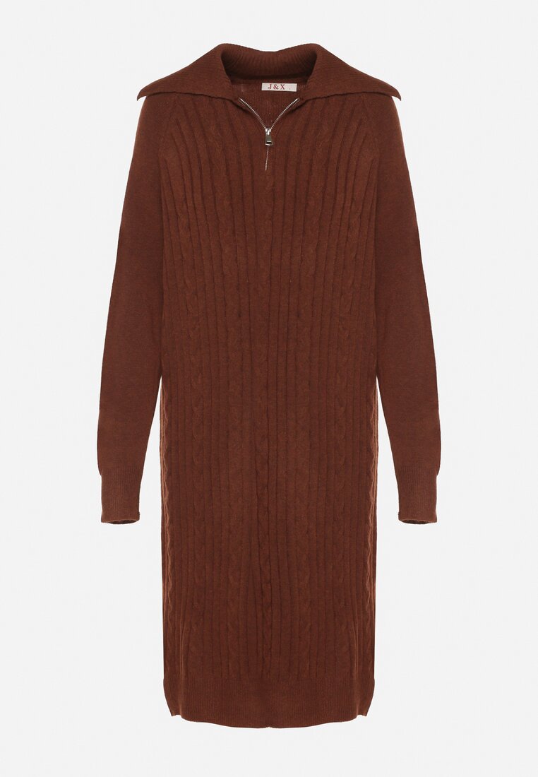 Brązowa Sweterkowa Sukienka Pudełkowa z Bawełną i Wełną Ozdobiona Suwakiem Reimia
