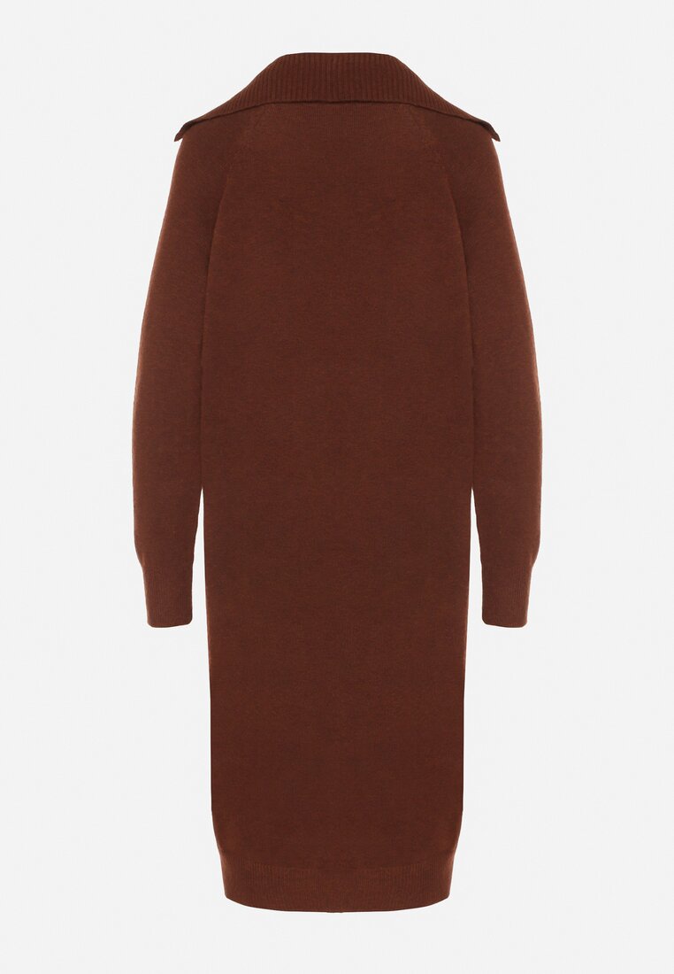 Brązowa Sweterkowa Sukienka Pudełkowa z Bawełną i Wełną Ozdobiona Suwakiem Reimia