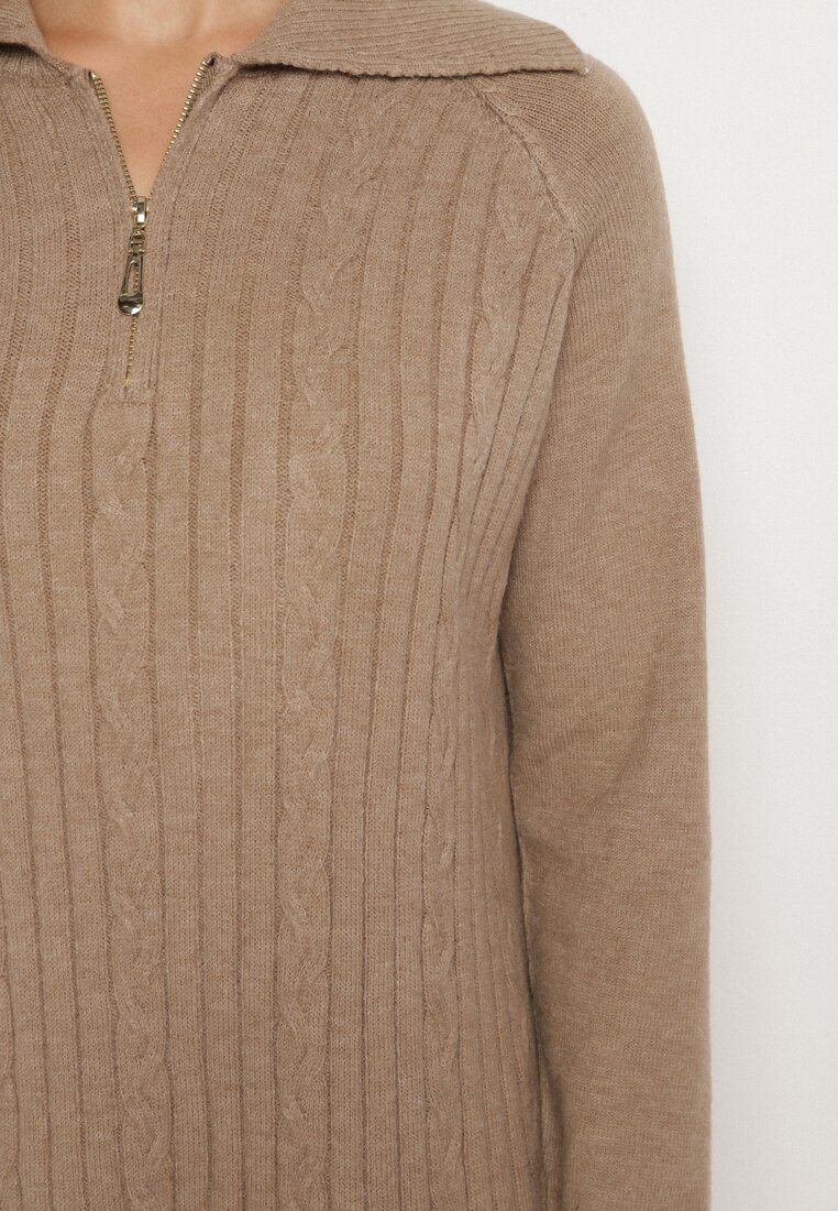 Beżowa Sweterkowa Sukienka Pudełkowa z Bawełną i Wełną Ozdobiona Suwakiem Reimia