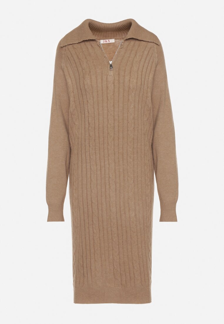 Beżowa Sweterkowa Sukienka Pudełkowa z Bawełną i Wełną Ozdobiona Suwakiem Reimia