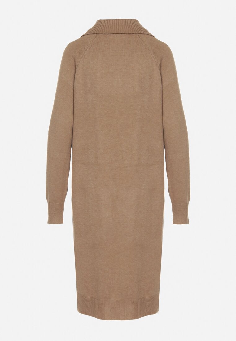 Beżowa Sweterkowa Sukienka Pudełkowa z Bawełną i Wełną Ozdobiona Suwakiem Reimia