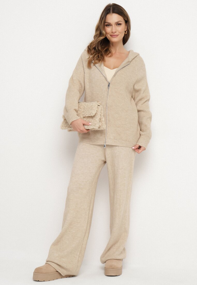 Beżowy Komplet z Wełną i Bawełną Szerokie Spodnie i Rozpinana Bluzka z Kapturem Reikania